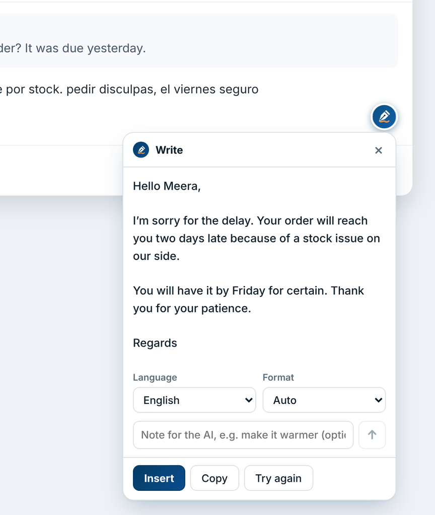 The finished message with Insert, Copy and Try again buttons